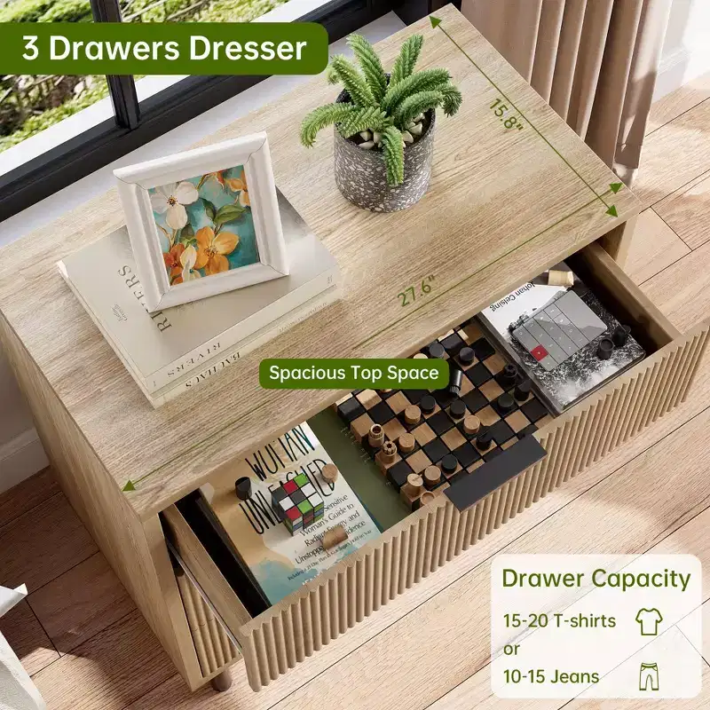 2 pack Dresser, Chest of Drawers - 29.9 Fluted Wood Grain 3-Drawer Organizer with Metal Legs & Anti-Tip Device