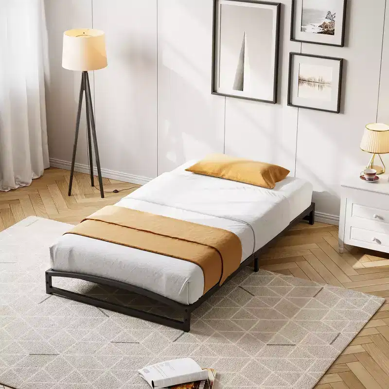 Low bed frames, metal platform single bed frames, heavy-duty low bed frames, springless mattresses, mattress bases with steel ribs for support.