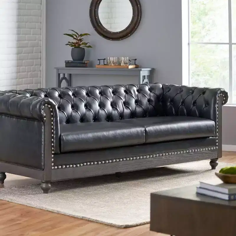 Classic 3-Seater Chesterfield Sofa, Tufted Back, Nailhead Trim, Wood Legs, PU Leather Accent Couch for Living Room