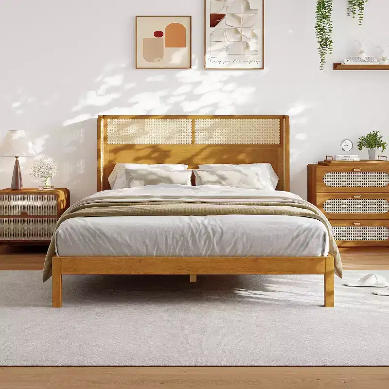 King/Queen Platform Bed Frame with Headboard, Mid Century Modern Rubber Wood Bed for Bedroom, Natural - ModernLuxe
