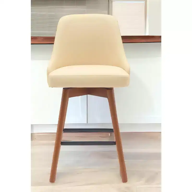 26 Cream and Wood Brown Faux Leather with Solid Wood Swivel Counter Height Bar Chair