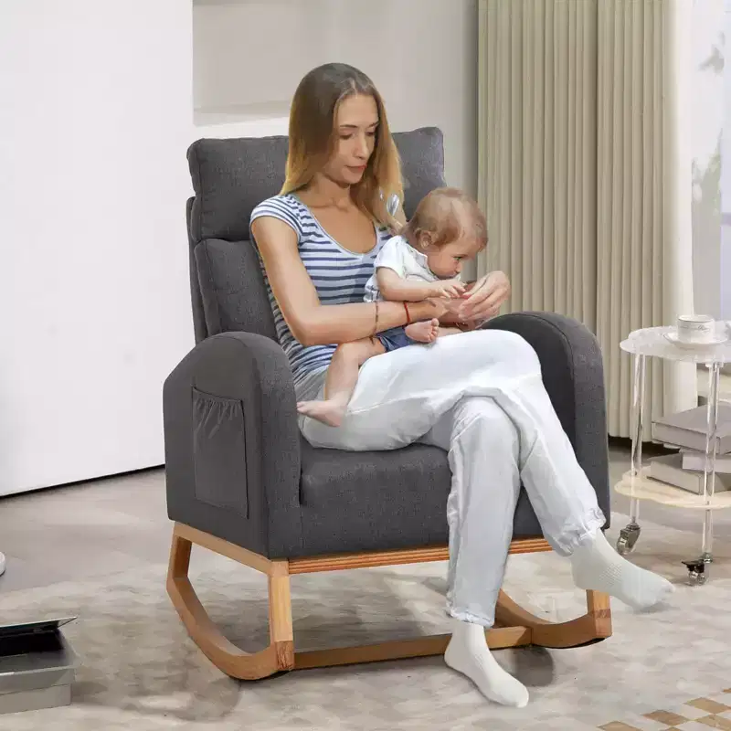 Rocking Chair Nursery Glider Chair, Upholstered Rocking Chair for Nursery with Rubber Wood Legs, Comfy High Backrest, Side Pockets, Armchair