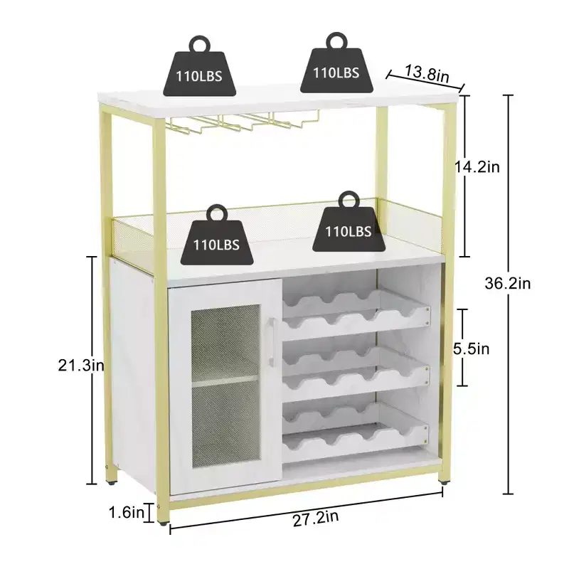 Gold Industrial Wine Bar Cabinet C 12-Bottle Storage with Removable Glass Holder C Sideboard for Living Room, Kitchen & Dining Room