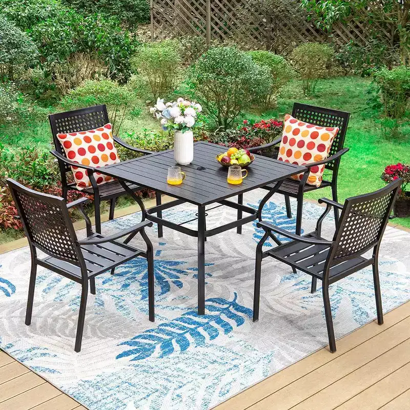 5pc Outdoor Dining Set with Metal Slat Square Table with 1.57" Umbrella Hole - Captiva Designs: Patio Furniture Set for 4, Powder-Coated Steel