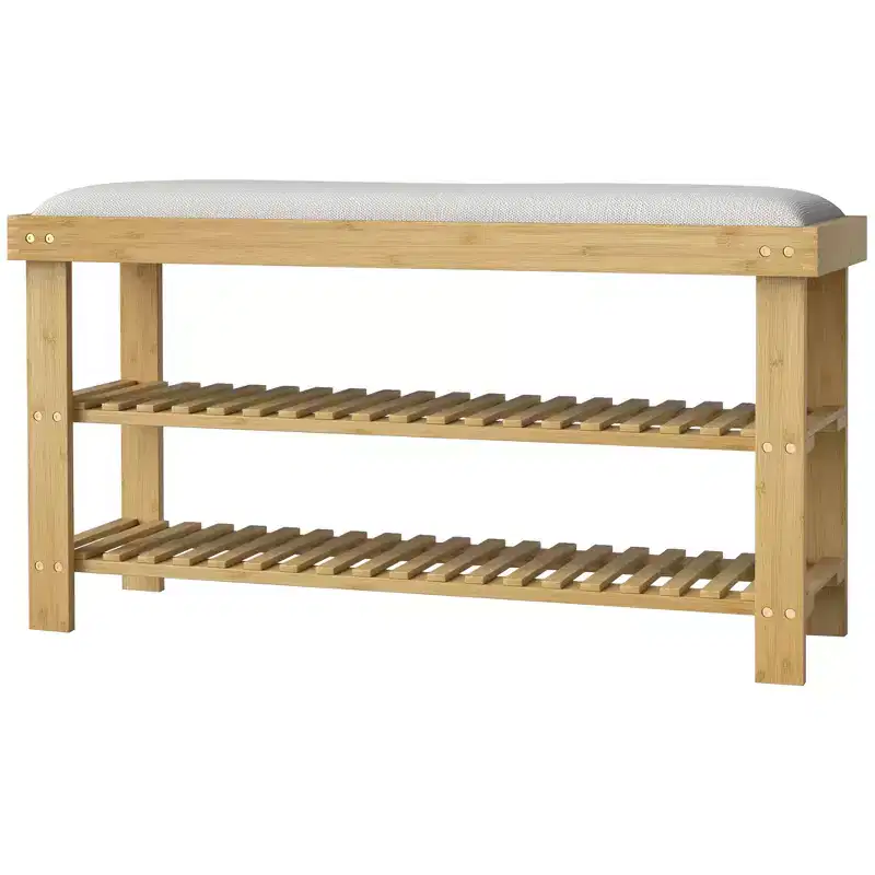 Bamboo Shoe Storage Bench, 3-Tier Entryway Bench with Cushion, Shoe Organizer for Entryway, Hallway
