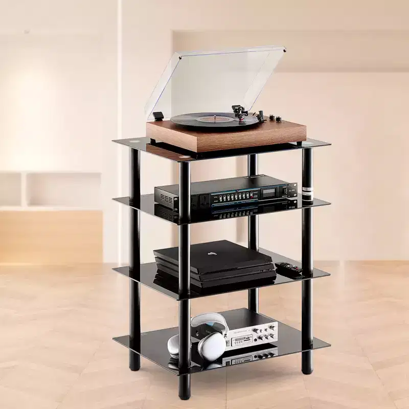 VEVOR 4-Tier AV Media Stand, Audio/Video Stand with Strengthened Tempered Glass Shevles for DVD/Cable Boxes/Games Consoles, Height Adjustable