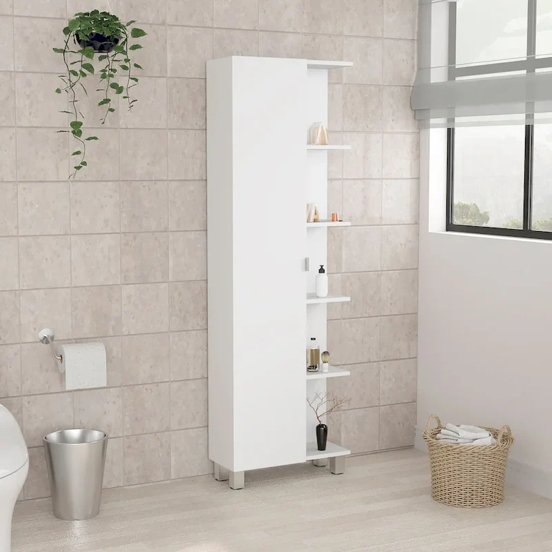Corner Linen Cabinet with 5 External Shelves & Single Door – White, Particleboard, 4 Interior Shelves