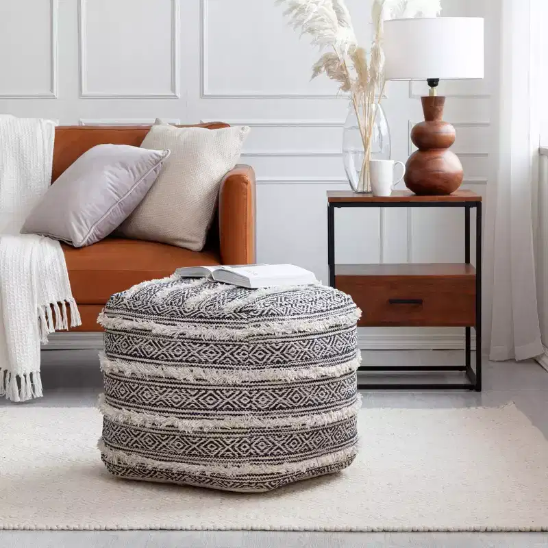 Ouray Pouf Blue/Ivory - Anji Mountain: Bohemian Geometric Square Ottoman, Removable Cover, Handmade, 21"x21"x21"