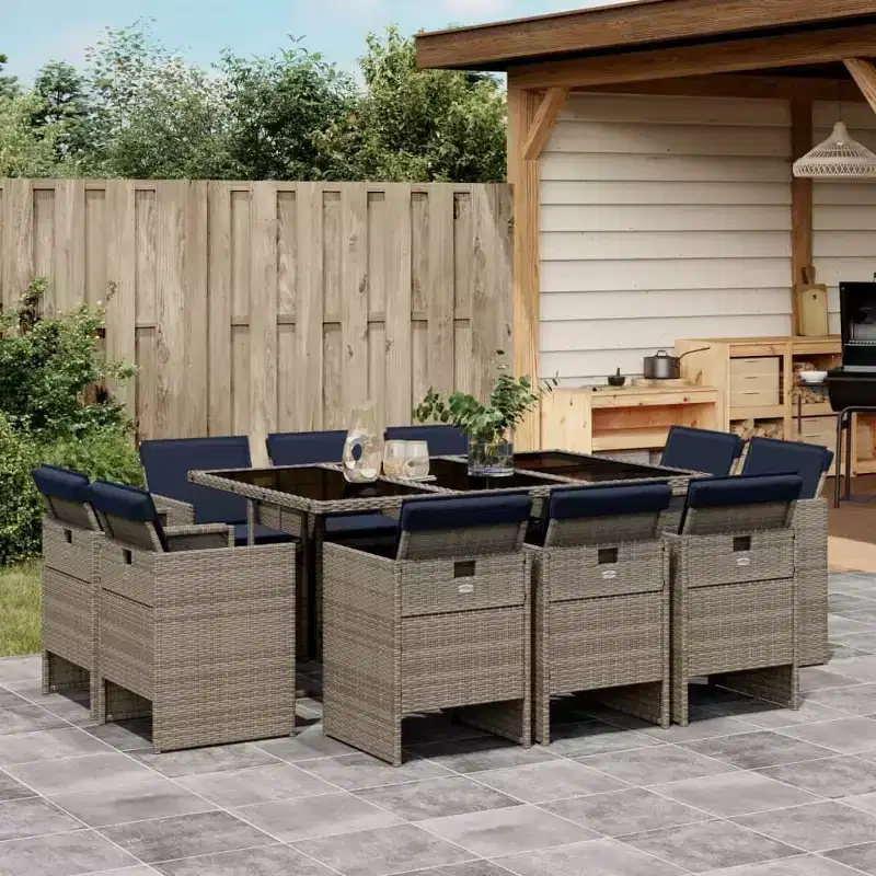 vidaXL Patio Dining Set of 10 Grey Poly Rattan 10-Seater Foldable