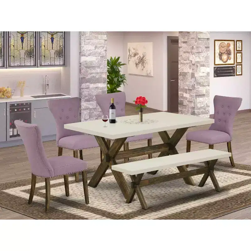 HomeStock 6-Piece Rectangle Distressed Jacobean Finish Solid Wood Top Dining Table with 1-Bench, 4-Chairs