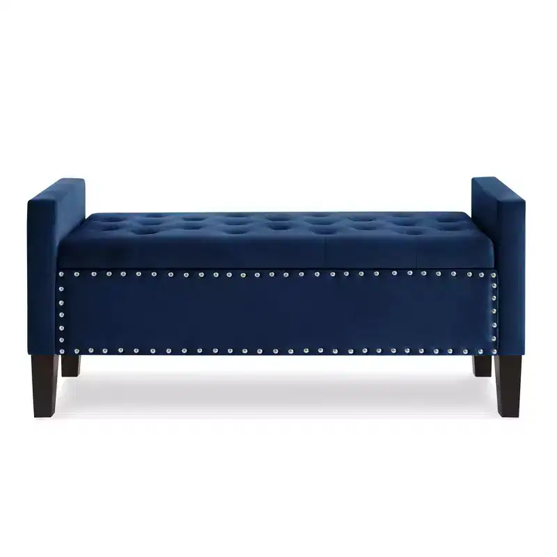 Tufted Button Storage Bench with Nails Trim & Armrests – Navy