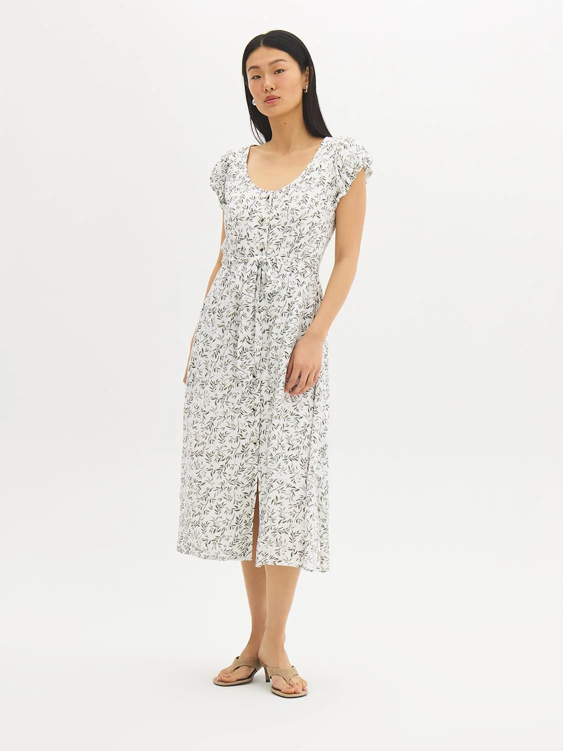 Leaf Print Button-Front Midi Dress