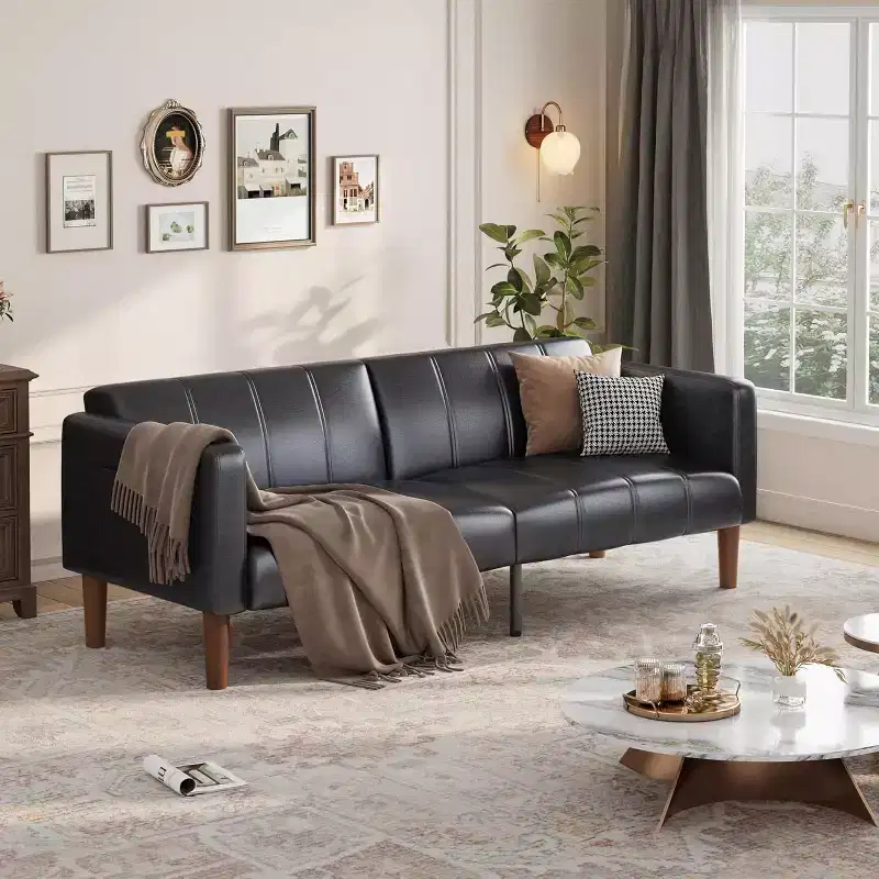 75-Inch Modern Faux Leather Futon Sofa Bed, Mid-Century Loveseat for Small Space, Living Room & Bedroom