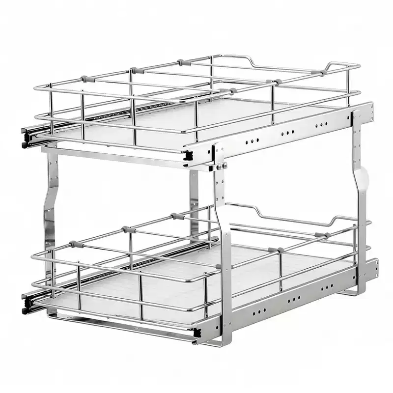 Kitchen Cabinet Pull-Out Basket, Metal Slide Out Drawer with Double Layer Slide Rail, Smooth Sliding Organizer for Pots Pans Spices