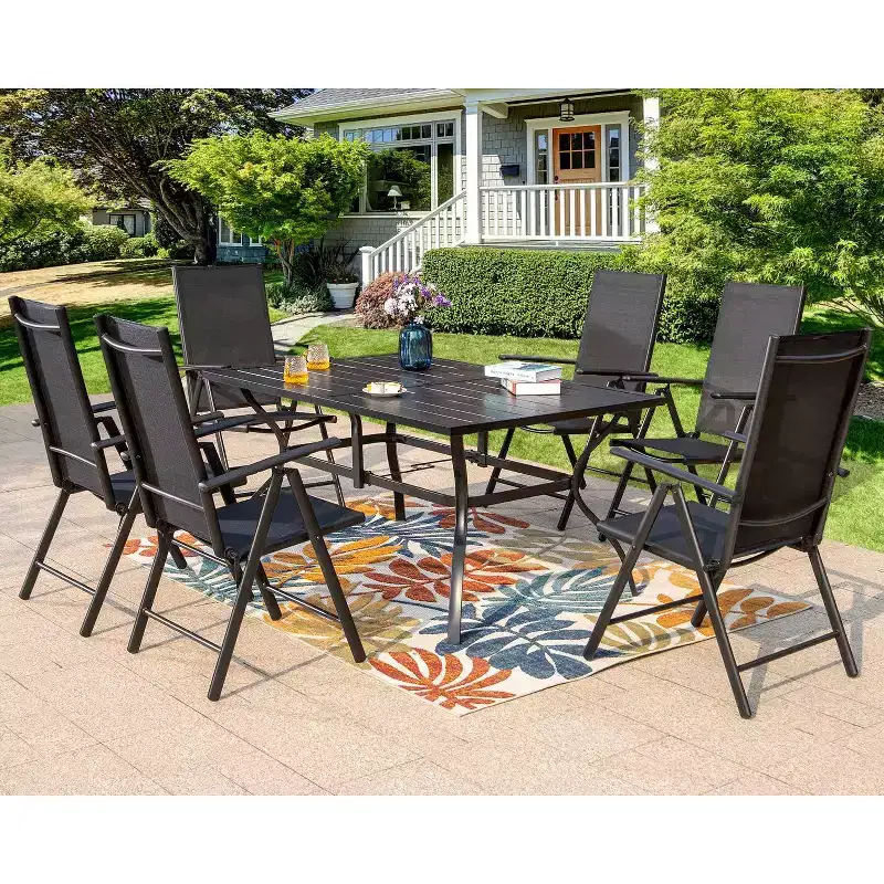 7pc Patio Set with Rectangle Table & Reclining Sling Chairs with Armrests - Captiva Designs: Outdoor Dining Furniture