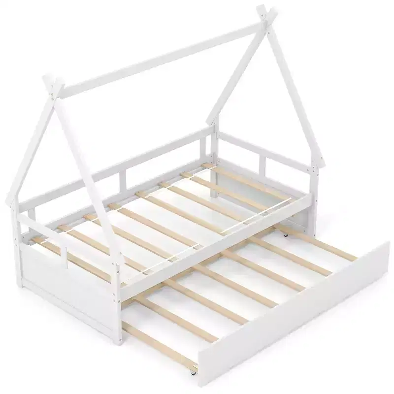 Costway Twin Size House Bed w/ Trundle Roof & Safety Guardrail Wood Slat Support White