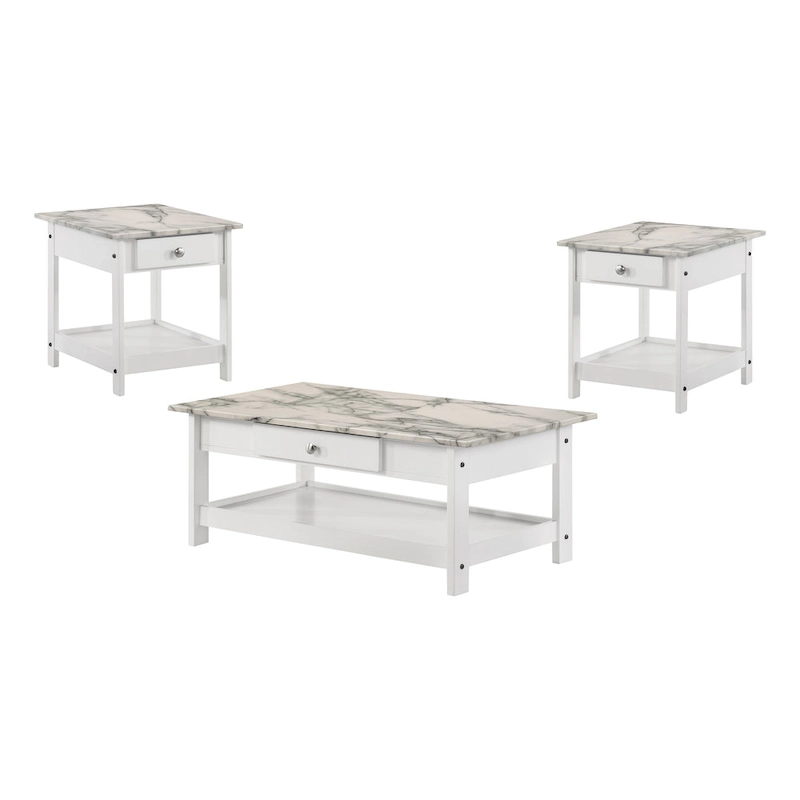 DH BASIC Transitional Rubberwood 3-Piece Open-Shelf Coffee Table and End Table Set with Drawer by Denhour