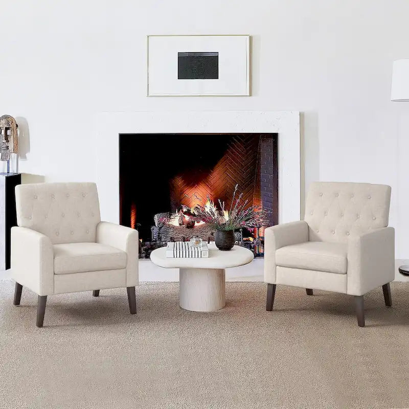 Linen Accent Chair Comfy Living Room Chair with Arms Upholstered Button Tufted Armchair Modern Arm Chairs Set Of 2