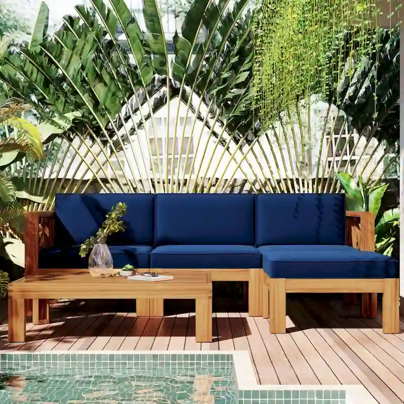 Natural Natural Acacia Wood 5-Piece Outdoor Sectional Sofa Set with Water-resistant Fabric