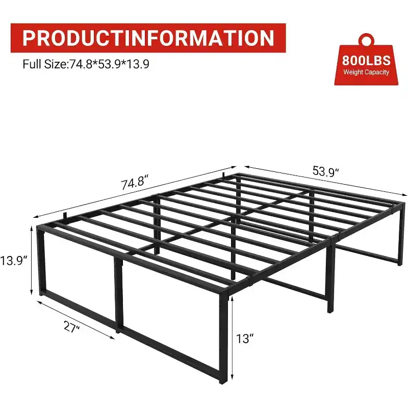 Full Size Metal Platform Bed Frame with Steel Slat Mattress Foundation,Heavy Duty Support,13 Inch Underbed Storage Clearance,Quiet Non-Shaking Design