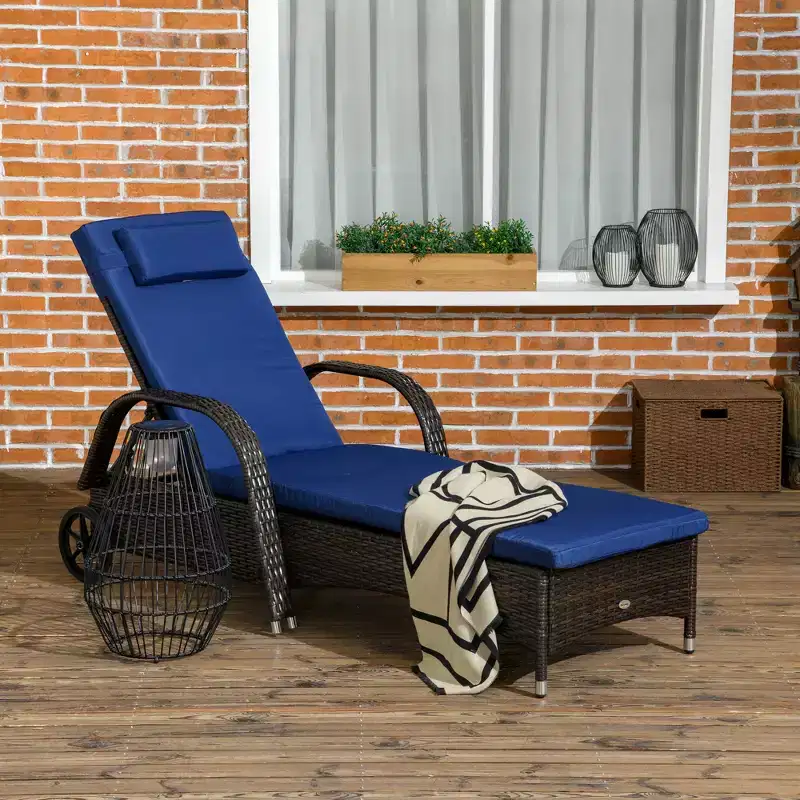Outdoor Chaise Lounge, 5-Level Adjustable Backrest Rattan Pool Lounge Chair with Wheels, Cushion & Headrest