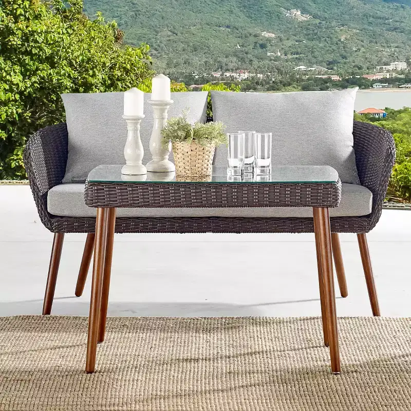 All-Weather Wicker Athens Outdoor 2-Seat Bench with Cushions Brown - Alaterre Furniture: Porch Loveseat, Weather-Resistant