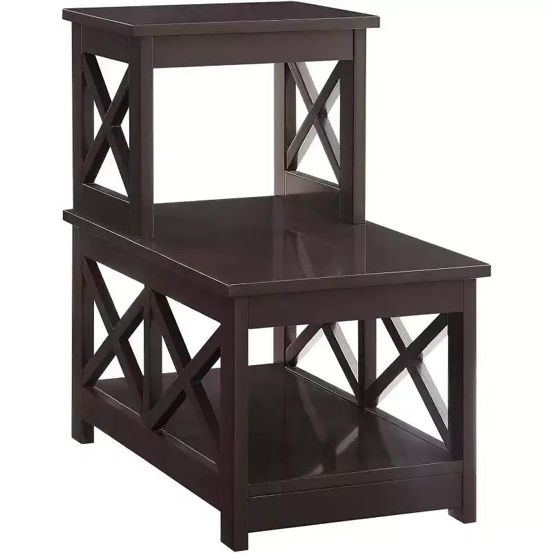 2-Step Chairside End Table with L-Shaped Frame and X Side Panels, 3-Tier Storage Accent Side Table