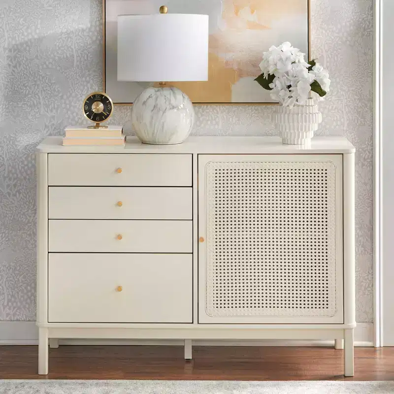 Lifestorey Bayview 4 Drawer and 1 Faux Rattan Door Dresser Ivory