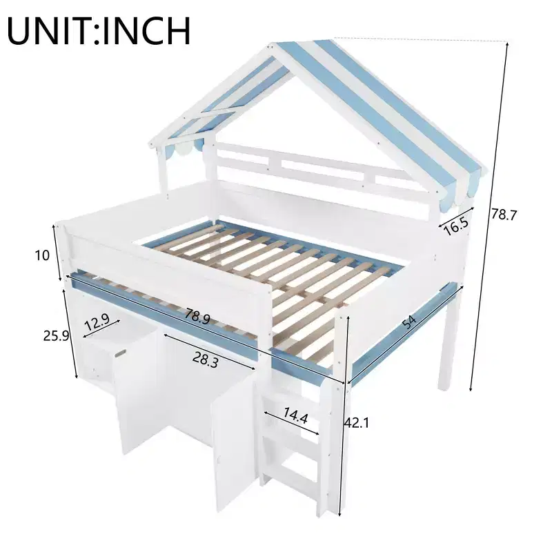 Luxystar Full Size Loft Bed with Stripe Canopy Roof, Storage Shelves and Cabinet