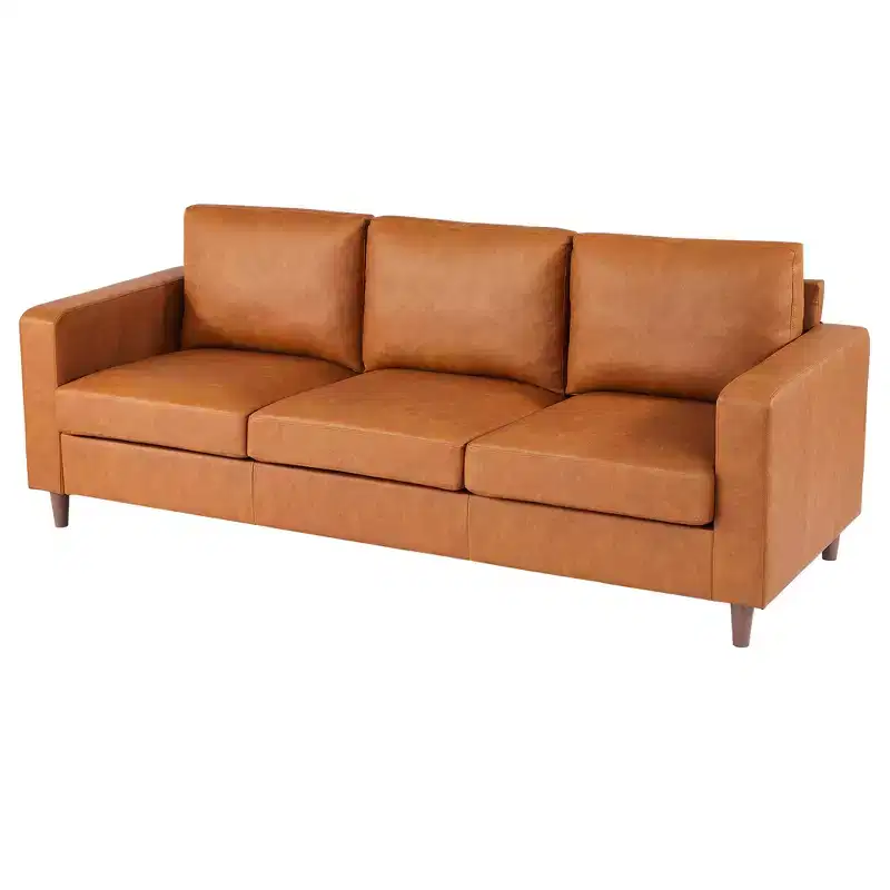 83 Inch Brown Leather Sofa - Mid-Century Modern Couch, 3-Seater Sofa with Armrests, Comfy Cushions, PU Deep Seat Sofa for Living Room, Bedroom