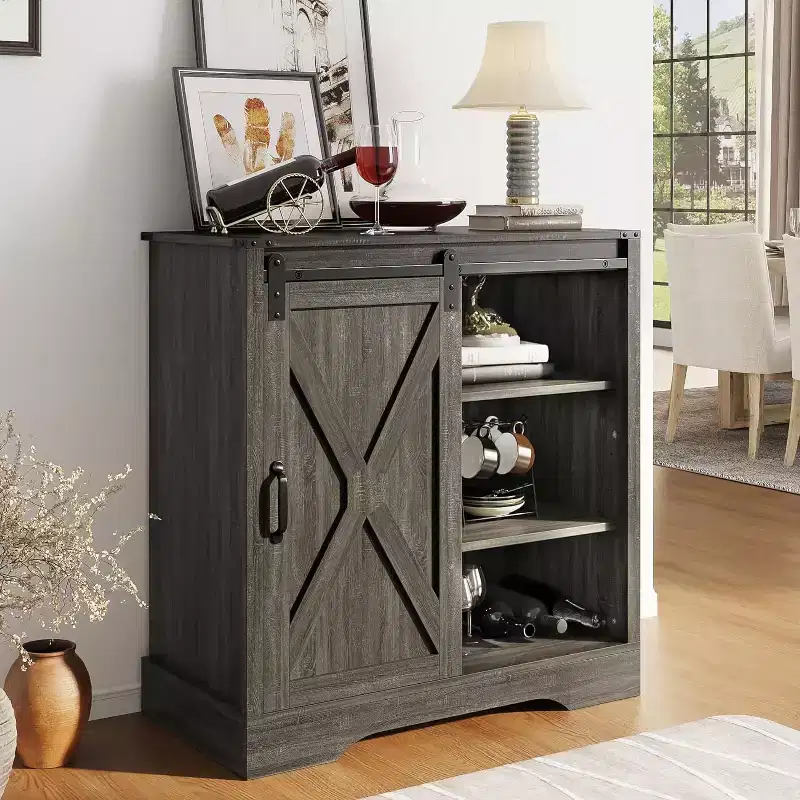 Heynemo Farmhouse Coffee Bar Cabinet with Storage, Sideboard Buffet Cabinet with Sliding Bar Door, for Dining Room Living Room Kitchen