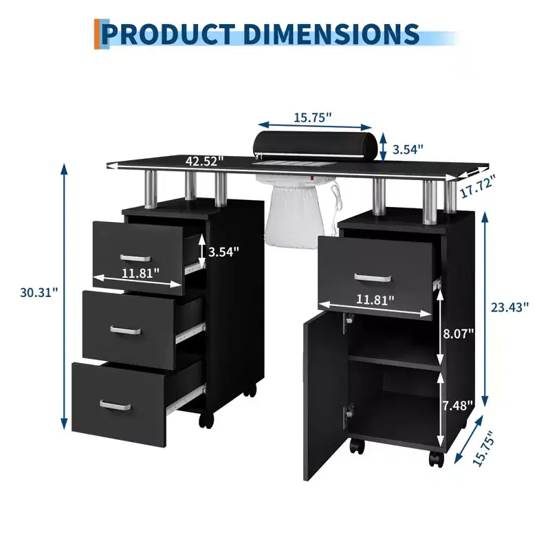 Manicure Table Nail Desk for Nail Tech, Nail Table Station with Electric Dust Collector, Nail Salon Storage Table