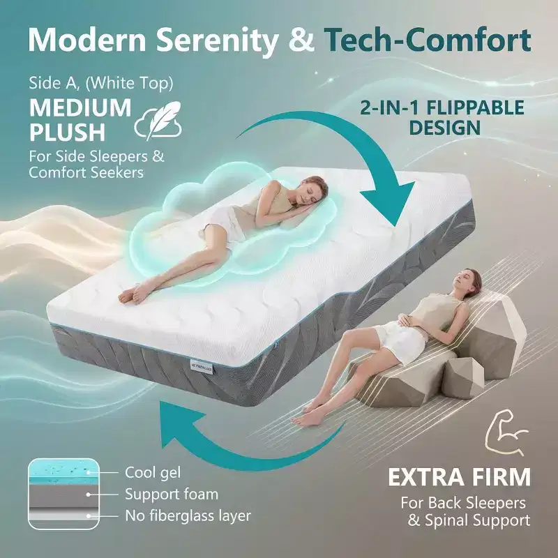 Memory Foam Mattress, Dual-Sided Gel Bed in a Box, Fiberglass-Free Medium & Firm Support for Pressure Relief