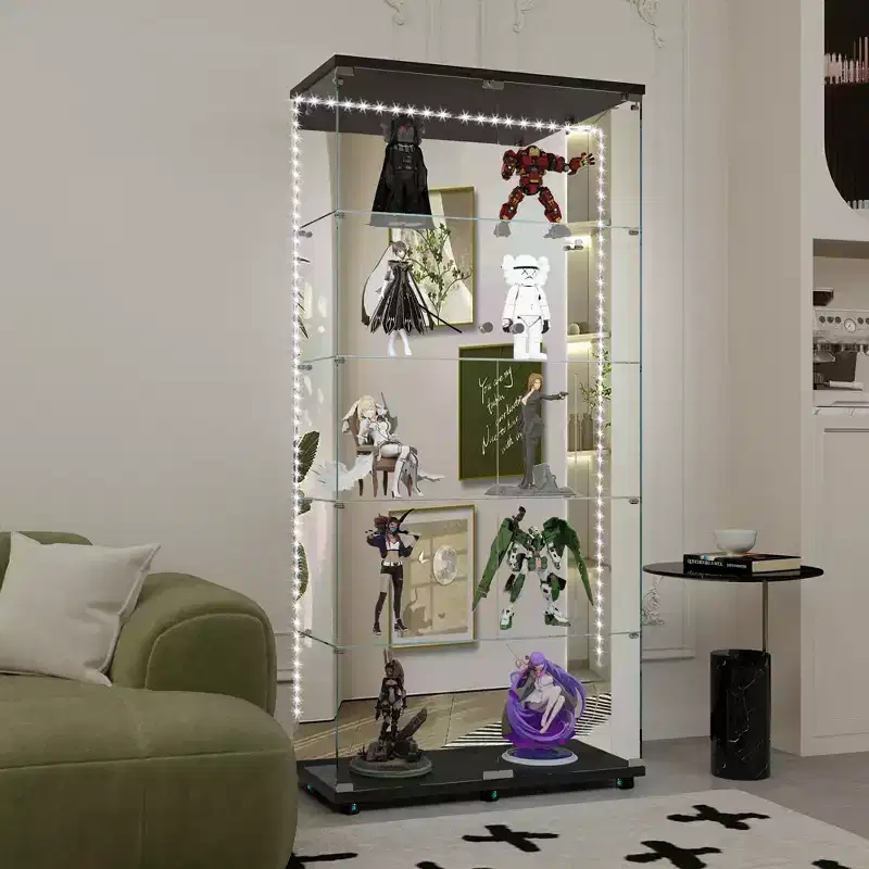 Tempered Glass Display Cabinet/Wine Cabinet/Storage Cabinet/File Cabinet with LED Light Strip Mirror and Lock Swivel Casters 4 Shelf 2 Doors