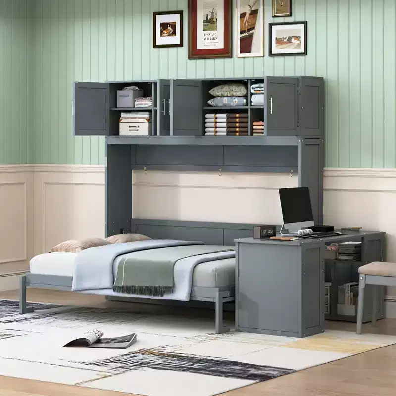 Luxystar Modern Queen Size Wall Murphy Bed with Hydraulic Mechanism, Desk and 2 Storage Cabinets