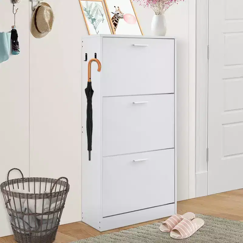 Shoe Cabinet with 3 Flip Drawers, Shoe Storage Cabinet for Entryway, Free Standing Shoe Storage Organizer with Side Hooks for Heels, Boots
