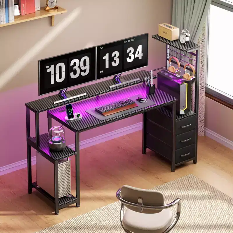 55 Inch Gaming Computer Desk Workstation with Fabric Storage Drawers Monitor Stand and Reversible Setup for Home Office Bedroom Classic Black Finish