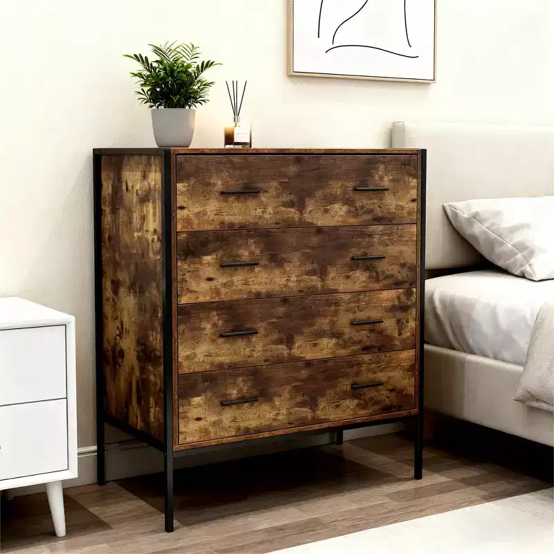 4-Drawer Industrial Style Dresser, Rustic Brown MDF Wood Storage Chest with Sturdy Steel Frame, Clothes Organizer Cabinet for Bedroom Living Room