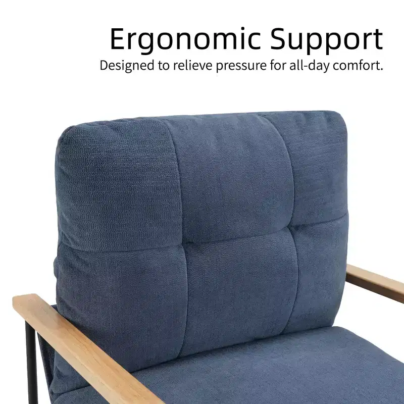 Okak Modern Accent Chair with Removable Cushion, Living Room Chair with Wooden Armrests, Reading Chair for Living Room, Bedroom, Blue
