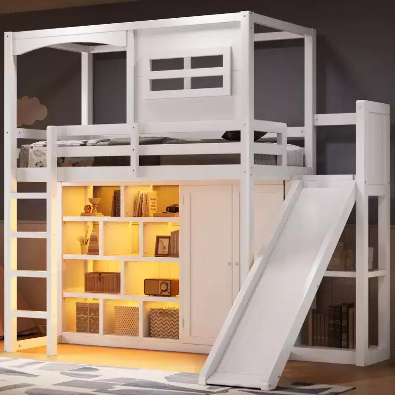 Twin Size Wood Loft Bed with Wardrobe, Storage Shelves, Slide & 7-Color LED Lights, Sturdy Pine/MDF Frame, White