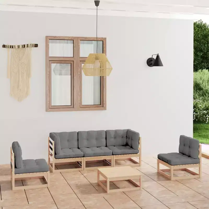 vidaXL Patio Furniture Set 6 Piece Outdoor Sectional Sofa Solid Wood Pine - Natural With Cushions