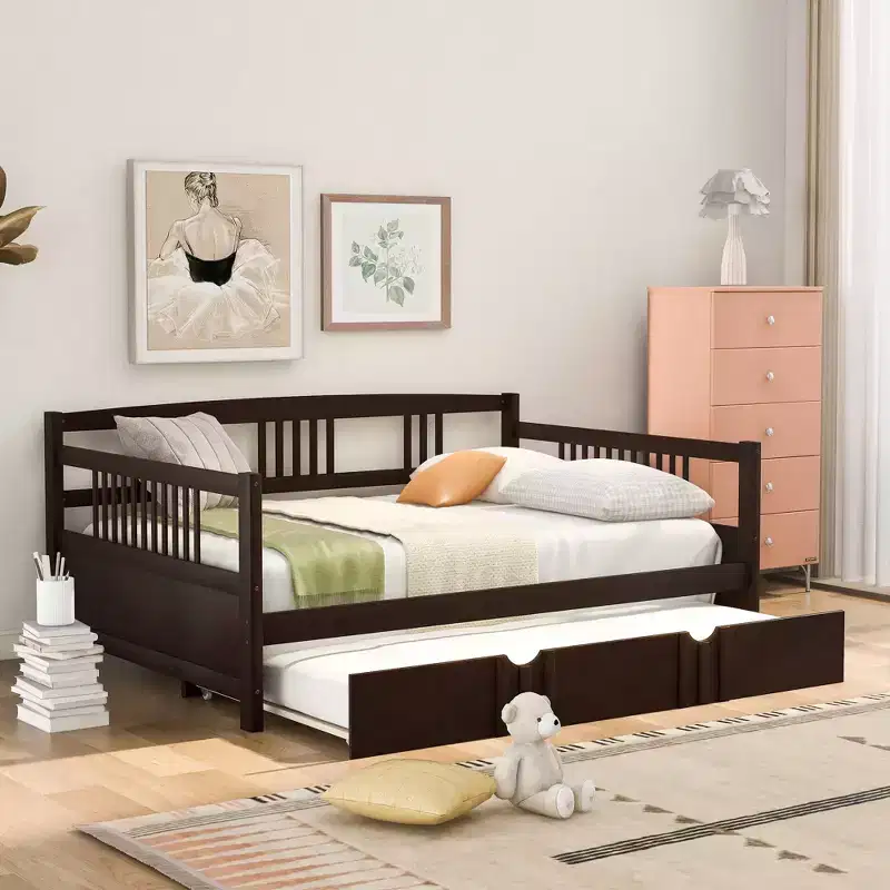 Twin/Full Modern Platform Bed Frame with Bedside Fence & Drawers/Trundle,Wooden Daybed Sofa Bed for Bedroom,Study