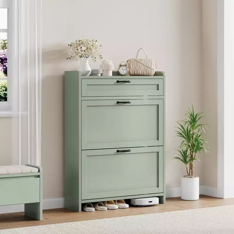 31.5'' Wide High-Gloss Green Shoe Cabinet, with 2 Fold Drawers, Freestanding Organizer with Hidden Storage for Entryway & Hallway