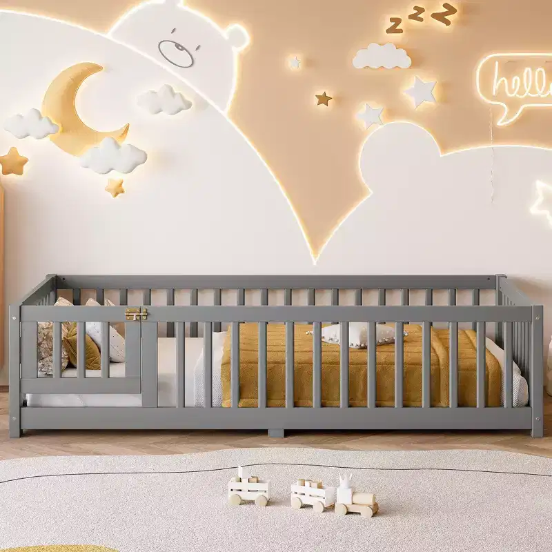Gray/Natural/White Low-Profile Kids Floor Bed with Guardrails & Door – Twin/Full/Queen, 1–2 Users