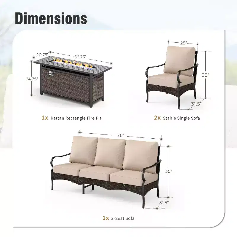 Captiva Designs 4pc Extra Large Metal and Rattan Outdoor Patio Fire Pit Set with Single Sofas