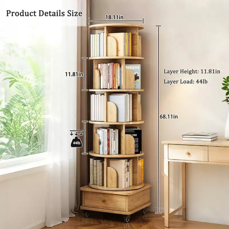 JVNOXK 6 Tier Rotating Bookshelf, 360 Display Round Spinning Bookshelf with Wheels and Drawer, Space-Saving, Small Space Wood