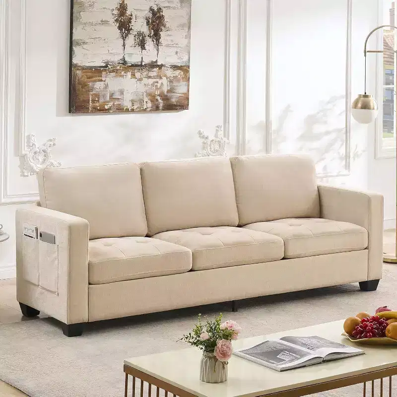89 Beige 3-Seater Chenille Sofa with Wide Armrest, Removable Headrest and Side Storage Pockets, for Living Room and Bedroom