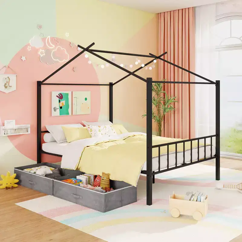 Costway Full Size Metal House Bed w/ 2 Fabric Drawers Heavy-Duty Platform Bed