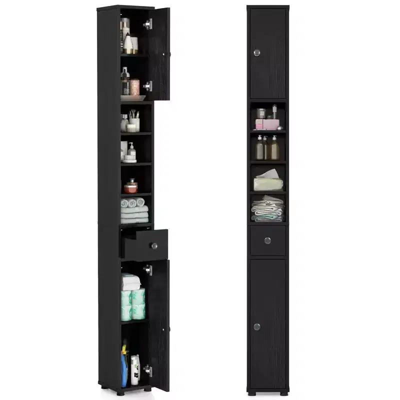 Tall Slim Bathroom Storage Cabinet Linen Tower with Drawer and Adjustable Shelves