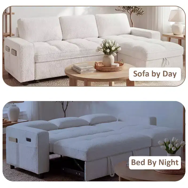 Sleeper Sofa Bed, 81 L-Shaped Pull Out Couch Bed with Reversible Storage Chaise/USB Port/Side Pocket/Tool-Free Assembly Corduroy Beige